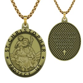 Anwlki Saint Christopher Necklace St Christopher Medal Bless Safety Religion Pendant Gift for Men, Women, Family, Parent, Friend (Brass Color)