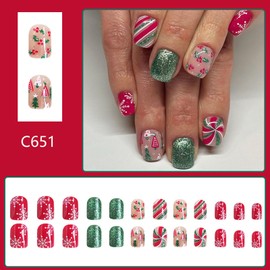 Christmas Bling Press on Nails Short Square Fake Nails with Holly Leaf Snowflake Candy Design Green Glitter False Nails Xmas Winter False Nails Tree Artificial Stick on Nails for Women Girls 24Pcs