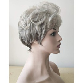 Royalfirst Capless Side Bangs Silvery Gray Short Curly Synthetic Hair Wig for Elderly Women