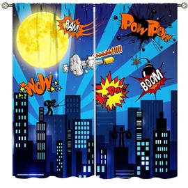Super City Hero Children Window Curtains,Comics Style Urban Superhero Cartoon Window Treatments for Kids Boys Bedroom Nursery Décor Drapes 2 Panel Sets Total Size 42" x 45"