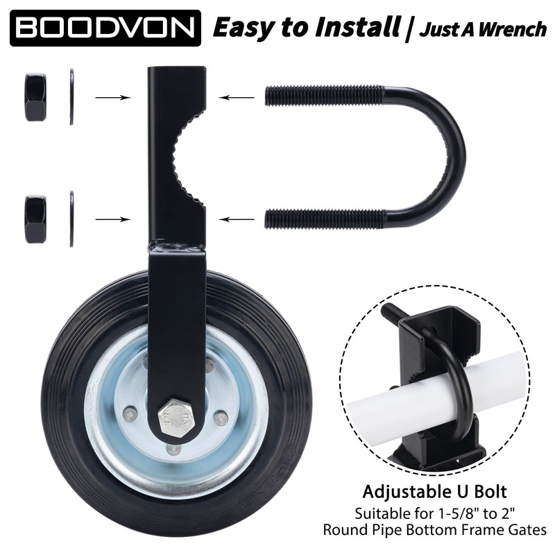 BOODVON Gate Wheel Gate Caster Kit with 1-5/8" Thru 2"