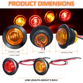 100 Pieces 3/4 Inch Round LED Side Marker Lights, 3 LEDs Front Rear Side Indicator Lights Yellow and Red Turn Signal Lights IP68 Waterproof Lamp for Truck Trailer Lorry Bus Caravan Boat, 12V
