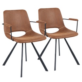 Aivermeil Brown Leather Dining Chairs Set of 2, Mid-Century Modern Dining Room Chair with Soft Cushions, Kitchen Chairs with Metal Legs for Kitchen, Living Room