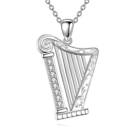 ONEFINITY Harp Chain 925 Sterling Silver Harp Pendant Music Instrument Necklace Harp Jewellery Gifts for Women, Sterling Silver, Zircon