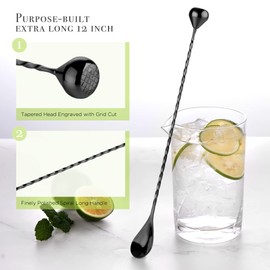 Homestia 2 in 1 Bar Muddler Spoon, Cocktail Mixing Stirrers + Fruit Smasher for Drink, 12 Inch 304 Stainless Steel Bar Spoon Spiral Long Handle Cocktail Spoon Black