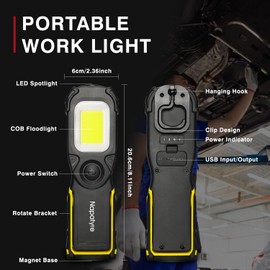 Napatyre LED Magnetic Work Light,1000LM Mechanic Light with 180° Rotate 3 Modes, Portable Mechanic Flashlight Rechargeable for Car Repairing Job Site Lighting and Emergency