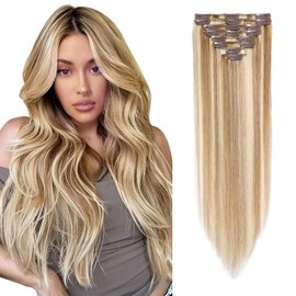 Elailite Hair Extensions Clip in Real Hair Human Hair Remy - 8 Pcs Invisible Thin Weft - Mix #12/613 Golden Brown & Bleach Blonde - 8 Inch