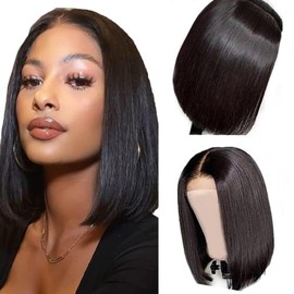 Weeybay 4x4 Short Bob HD Transparent Lace Front Wigs 1B Natural Black Straight Human Hair Wig Pre Plucked 180% Density Baby Hair 10 Inch