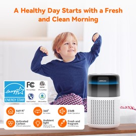 AIRROMI Air Purifier for Bedroom Home,HEPA Filter,Covers Upto 549 Ft²,Quiet 360°intake Air Cleaner with Fragrance ponge for Better Sleep,Night Light,Filters Smoke,Pet Dander,Allergies,Dust,A2005 White