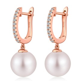 ZDaoBen Pearl Earrings for Women 925 Sterling Silver 10MM Large Pearl Dangle Drop Earrings Rose Gold Cubic Zirconia Dangling Leverback Earrings Dainty Wedding Bridal Jewelry Gift for Her