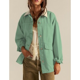 Lumister Womens Jean Jacket Oversized Button Down Side Pockets Winter Long Sleeves Contrasting Demin Jacket(0786-Green-L)