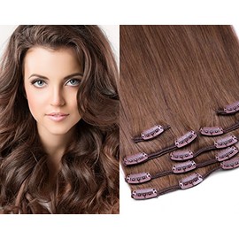 GlamXtensions Clip-In Extensions Set for Complete Hair Extensions, 100% Remy Real Hair, 7-Piece Set, 80 g, High-Quality Remy Hair, 40 cm, Hair Colour 12 Light Brown