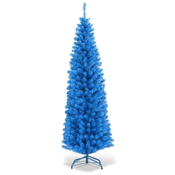 HAPPYGRILL 6 Feet Blue Pencil Christmas Tree Artificial Slim Christmas