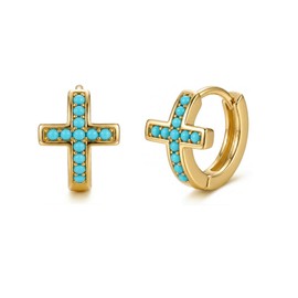 Gold Cross Hoop Earrings for Women Trendy 14K Gold Plated Small Huggie Earrings 20G Handmade Turquoise Hypoallergenic Cross Hoop Huggie Earrings (8mm, Turquoise)