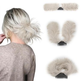 WHAUD Messy Bun Hair Piece Side Comb Clip in Hair Bun Tousled Updo Hairpiece for Women Short Natural Wavy Adjustable Versatile Tousled Updo Easy wear Faux Hair Bun (Silver Blonde)