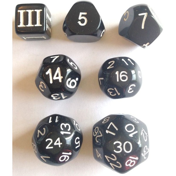 DCC Special 7 - Black - Set of 7 Rare and Unusual RPG dice Approved for use with Dungeon Crawl Classics…