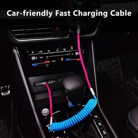 chubbycable Curly Chubby - New Spring Charge Cable Stretch Coiled USB C Cable for Car USB Type C Charger Cable Short Retractable CarPlay Cord, Light Blue and Pink, USB-A to Type-C, 2.29FT-3.6FT