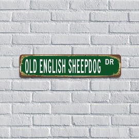Farmhouse Metal Plaque Old English Sheepdog Green Signs Gift for Dog Lover Custom Street Metal Signs for Kitchen Outside Bedroom Home Decor 4x18 Inch