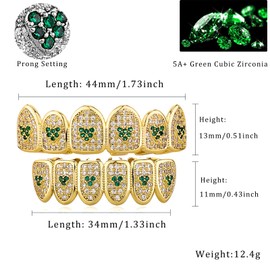 JINAO Gold Green Heart Fake Diamond Grills 18k Gold Plated Iced Out Cubic Zirconia Mouth Grillz for Your Teeth with Extra Molding Bars for Men Women (Green Heart Gold Set)