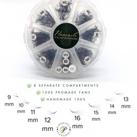 1200 Premade volume fans eyelash extension | 8 sizes-in-1 round mixed box | Length 9mm-16mm | C, CC, D, M & L curl | 0.07| 6D Volume | For professional lash artists | Handmade Promade Eyelashes Fans (6D - CC curl)