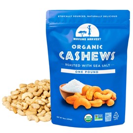 Mavuno Harvest Organic Roasted Cashews with Sea Salt | Dry Roasted Whole Cashew Nuts | Vegan, Non GMO Healthy Snacks for Kids and Adults | Office Friendly Work Snack | 16 Ounce, Pack of 1