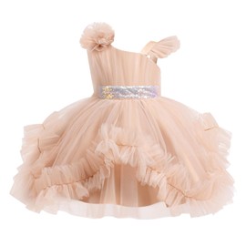 OBEEII Pageant Dress for Toddler Girls Sequins Irregular Ruffle Tulle Tutu Gown Princess Birthday Party Photoshoot Wedding Flower Girl Dress Kids Formal Christening Prom Ball Gown Khaki 5-6 Years
