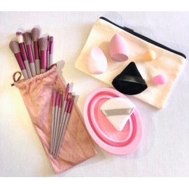 13 Professional Makeup Brushes + 2 Triangle Puffs + 2 Maxi Beauty Blender Eggs + 2 Mini Sponge Eggs + 1 Makeup Bag + 1 Collapsible Silicon Cleaning Mat Bowl; Makeup Gift