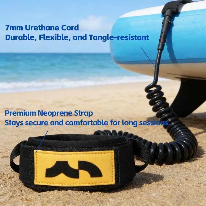 10ft Coiled SUP Leash for Paddleboard Ankle Cuff, Double Swivel