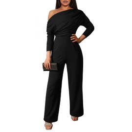 YMDUCH Women's Fall Elegant Long Sleeve Off Shoulder Wide Leg Long Pant Jumpsuits Black