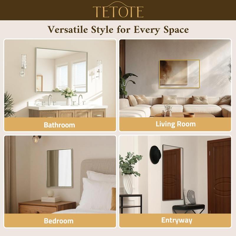 TETOTE Brushed Nickel Bathroom Mirror 24" x 30" Rectangle Beveled