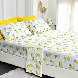 American Home Collection 4 Piece Print Bedding Sheets & Pillowcases Set Brushed Microfiber Wrinkle Free 14 Inches Deep Pocket Fruit Patterned Sheets (Twin, Pineapple)
