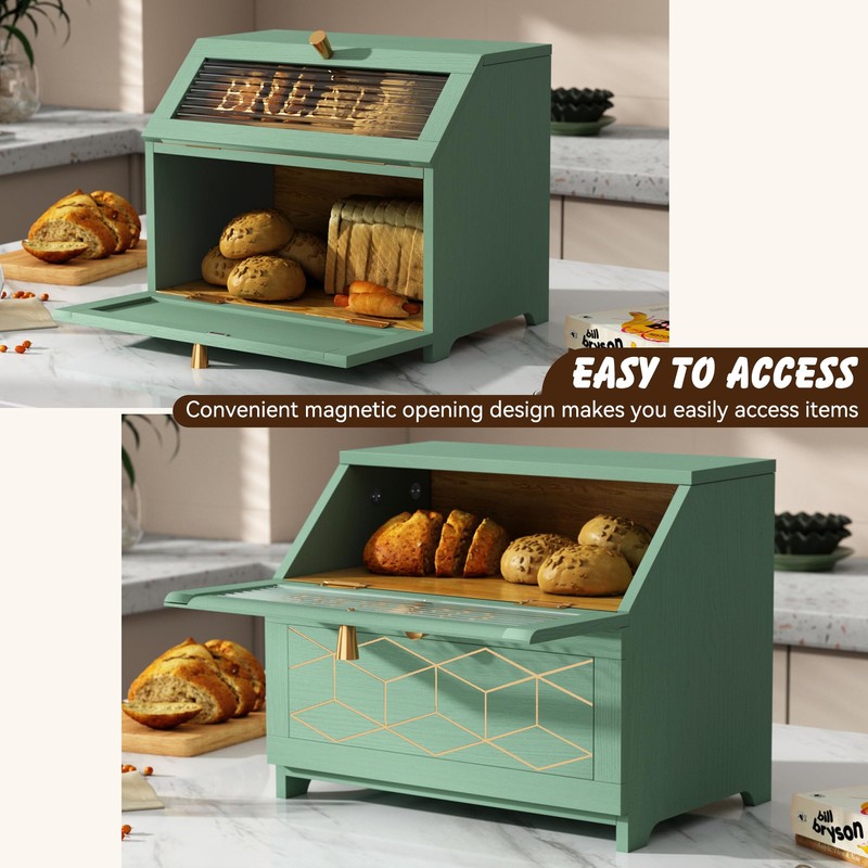 HOLTICO Double Layer Bread Box with Golden Trim for Kitchen