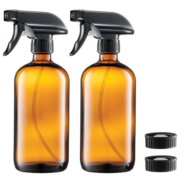 Glass Spray Bottles Amber 2 Pack 16 Oz Refillable Glass Sprayer Container with Durable Leakproof Trigger Sprayer with Mist/Stream/Lock for Hair, Cleaning Products, Essential Oils, Aromatherapy, Water