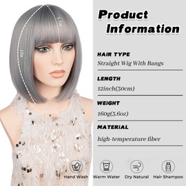 Grey Bob Wigs with Flat Bangs for Women Short Straight Wig Includ Wig Cap Synthetic Costume Party Halloween Wigs 12Inch # Grey