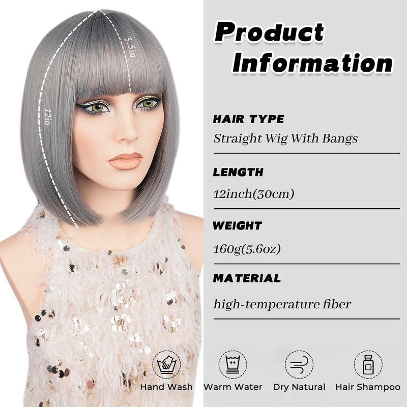 Grey Bob Wigs with Flat Bangs for Women Short Straight