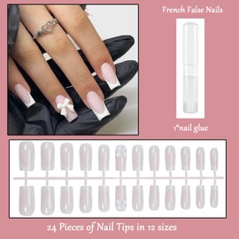 French Press on Nails, 24Pcs Square French Fake Nails with Bow, Press on Nails Pattern, Stick on Nails, White French Nail Tips for Women Girls Nails Art, DIY Nail Art at Home