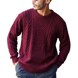 JIGGYS Shop Multi-Neck Fisherman Knit, Men's Casual Top, Long Sleeve, Cable Knit, Aran Knit, Sweater, Crew Neck, Mock Neck, Turtleneck, Solid, Thick, Winter Clothes, a mixed wine (crew neck)