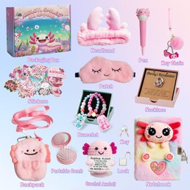 Axolotl Gift Set for Girls - Cute Axolotl-Themed Toy Box with Fluffy Diary, Stickers,Pen, Crocheted Stuffed Animal, Pink Purse, Necklace, Keychain, and More Axolotl Stuff - Birthday Gifts for Kids