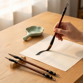 3PCS Calligraphy Brush Set with Plum Blossom Ink Dish, Chinese Calligraphy Brush Set Including Small Medium Large Traditional Writing Brush for Watercolor Painting, Sumi Brush and Practice