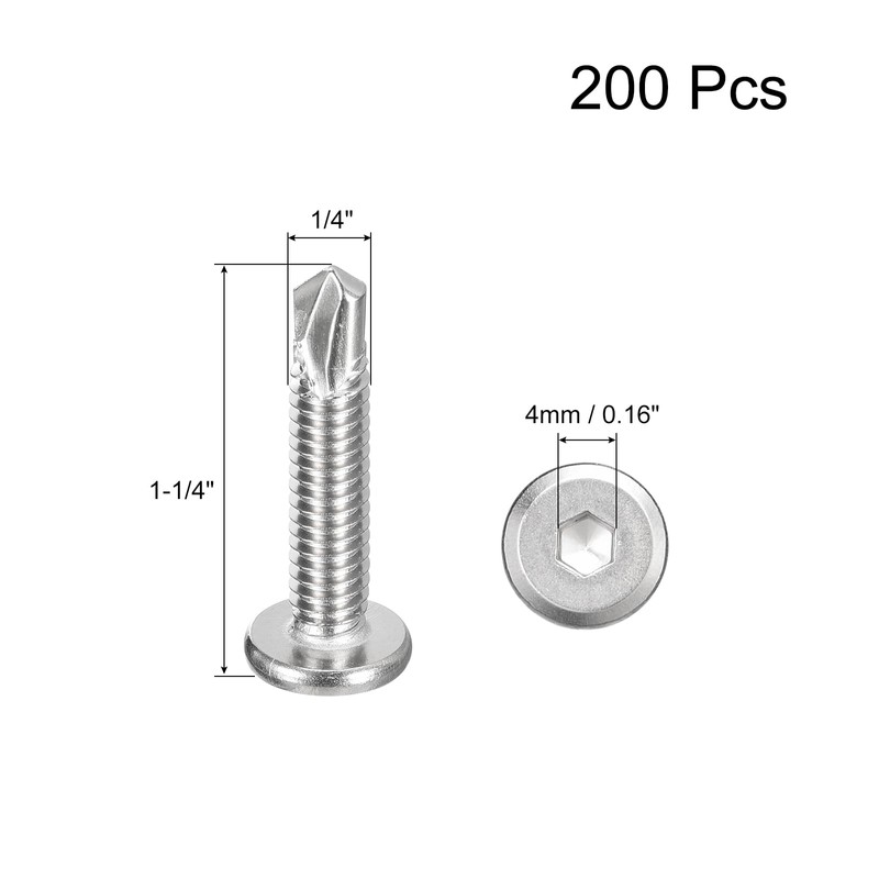 uxcell 200Pcs Hex Socket Self Tapping Screws, 1/4" x 1-1/4"