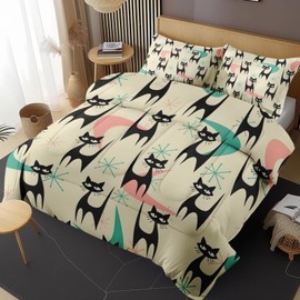 Nesphy Mid Century Colorful Cat King Comforter Set, Atomic 50S Retro Bedding Set 3 Piece, All Season Soft Toddlers Children Adults Bedroom Bed Decoration Comforter and 2 Pillow Shams