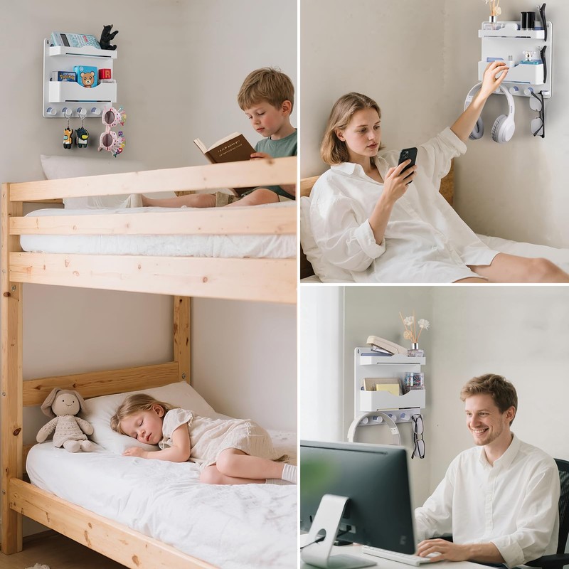 JUMEIHUI Bedside Wall Organizer with 4 Hooks,Adhesive Bedside Shelf Wall