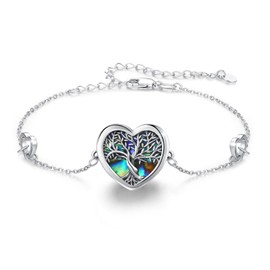 JFASHOP Heart Abalone Tree of Life Bracelet for Women, S925 Sterling Silver Adjustable Chain Family Tree Jewellery for Mother's Day/Birthday/Anniversary (with Gift Box), Silver