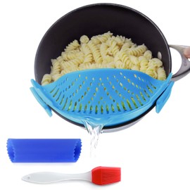 Clip On Kitchen Food Strainer for Spaghetti, Meat, Pasta, & Ground Beef Grease, Colander & Sieve Snaps or Clips Onto Bowls, Pots & Pans Includes Silicone Drainer, Brush & Garlic Peeler (LtBlue)