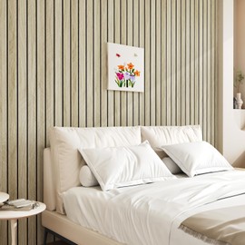 STICKEEP Beige Oak Peel and Stick Wood Panels 3D Textured Acoustic Wall Slats Panel for Wall Self Adhesive Soundproof Wooden Slatted Panel Wallpaper for Bedroom Home Decor Office Studio 12" x 120"