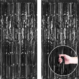 2pcs 3.2ft x 6.5ft Black Metallic Tinsel Curtains Foil Curtain Decorations Foil Fringe Curtain Door Curtains Hanging Streamers for Party Supplies (Black)