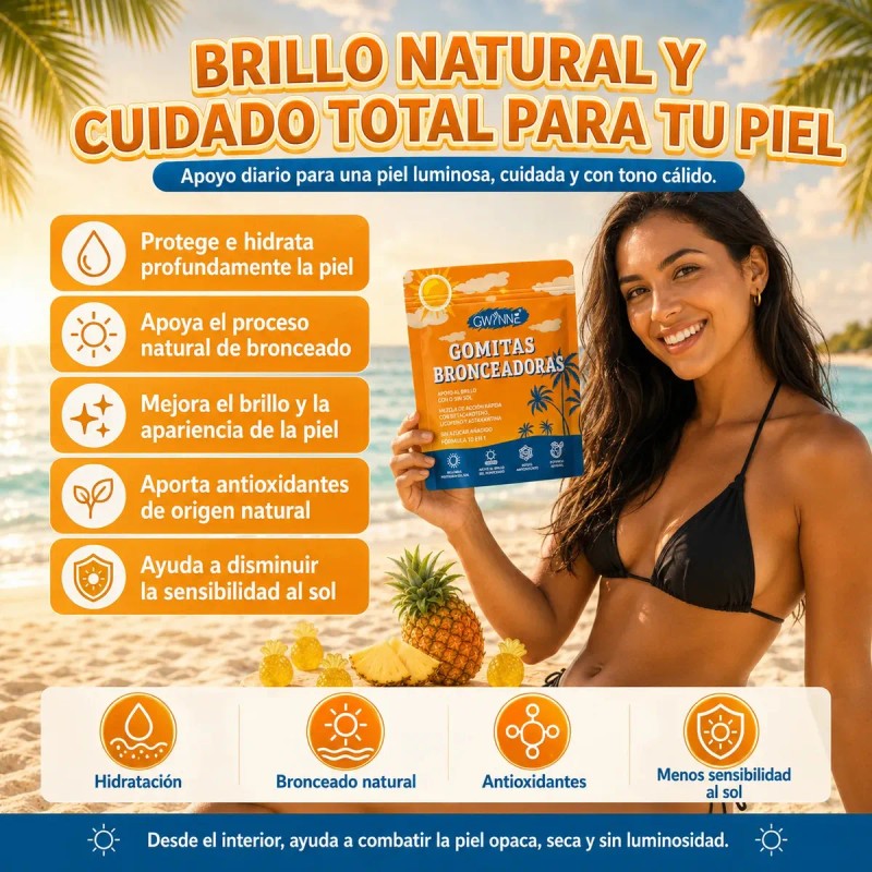 Gwynne Tanning Gummies Mujeres Hombres Astaxantina Licopeno Colágeno Vitaminas Radiancia