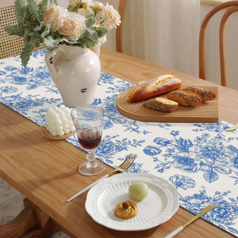 Dremisland Blue Table Runner Farmhouse 55 Inch Retro Monochrome Sketch