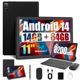 HiGrace Tablet,11 inch Tablet Android 14 Octa-Core Processor, 14GB RAM+64GB ROM (TF 1TB), 8200mAh, Widevine L1, WiFi 6, Bluetooth5.3, Type-C, Tablet PC with Keyboard Mouse - Black