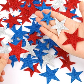 Star Stickers, 100 PCS 4th of July Foam Stickers, Patriotic Sticker for Kids Crafts, Self Adhesive Glitter Star Shaped Red Blue and Silver Foam Sticker for Independence Day Arts Crafts DIY Supplies